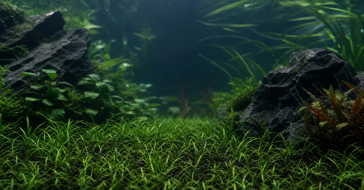 A low grass-like foreground carpet plant spreading across dark aquarium substrate