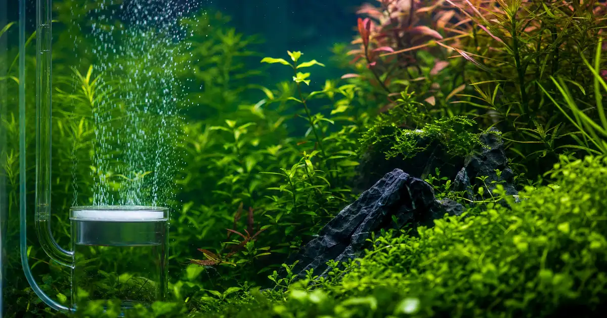 A lush high-tech planted aquarium with a CO2 diffuser releasing fine bubbles among dense green stem plants