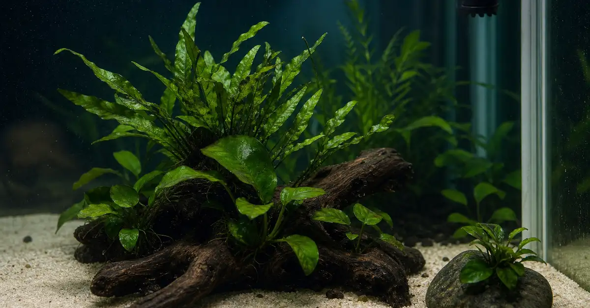 A simple, calm low-light planted aquarium corner with hardy plants tied to driftwood and minimal visible equipment