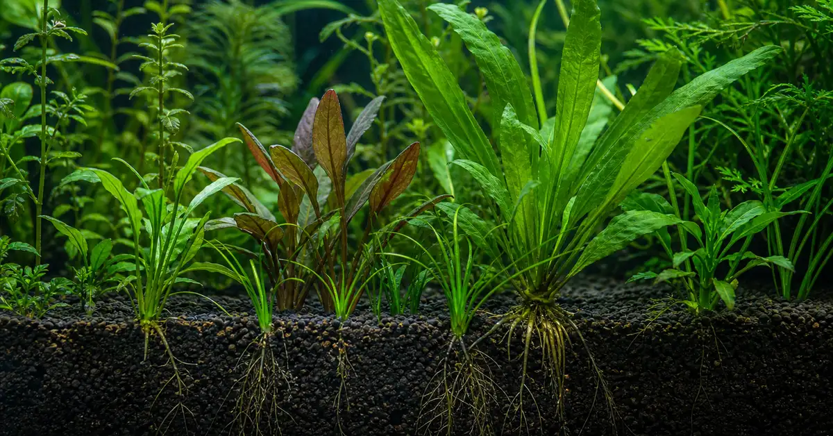 Root-feeding aquarium plants growing in dark nutrient-rich substrate in a freshwater planted tank
