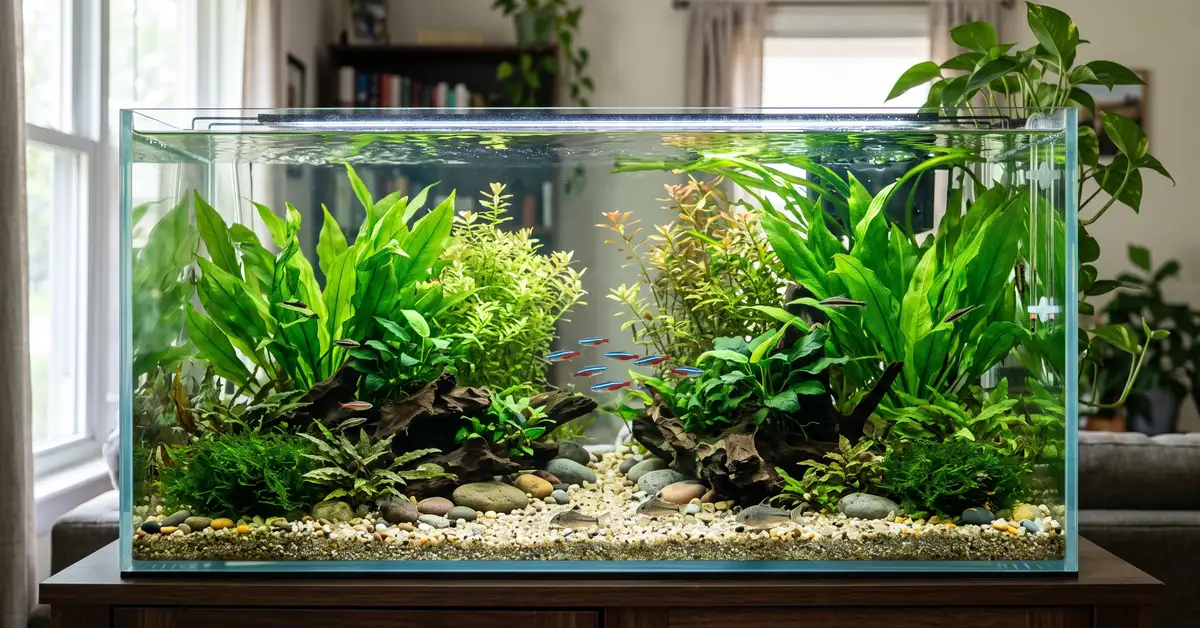 A healthy, well-maintained freshwater community aquarium with clear water and live plants after a routine water change