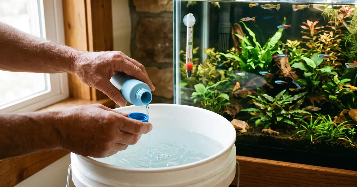 Pouring water conditioner into a bucket of fresh tap water beside a thermometer, preparing temperature-matched replacement water for an aquarium