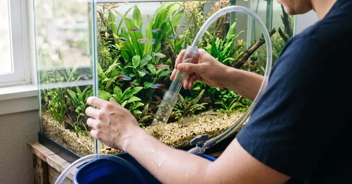 Hands using a gravel vacuum siphon to clean the substrate of a freshwater aquarium during a routine partial water change