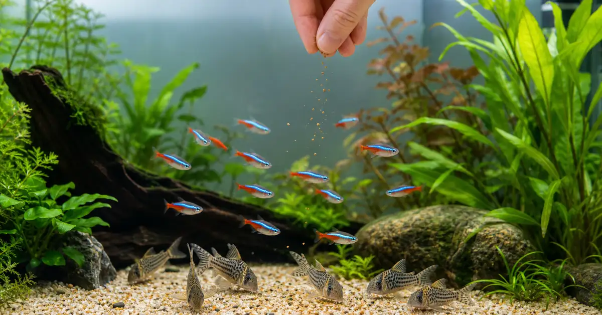 A hand sprinkling a small pinch of fish food into a clear, healthy freshwater aquarium with a peaceful school of tetras and corydoras catfish