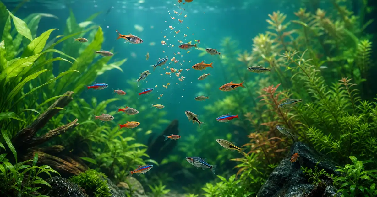 A gentle pinch of fish food drifting onto the surface of a healthy, well-planted freshwater aquarium as small fish rise to feed
