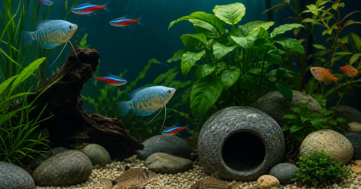 A calm, well-planted freshwater aquarium with healthy fish in soft teal-toned lighting