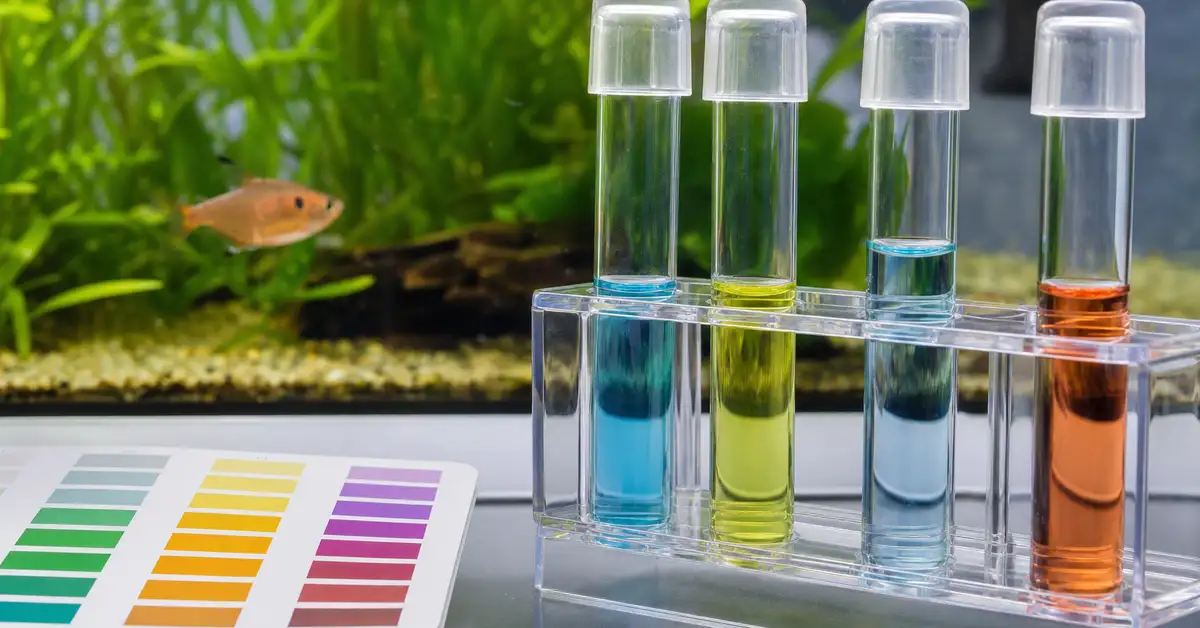 Aquarium water test tubes with a color-comparison chart beside a freshwater fish tank